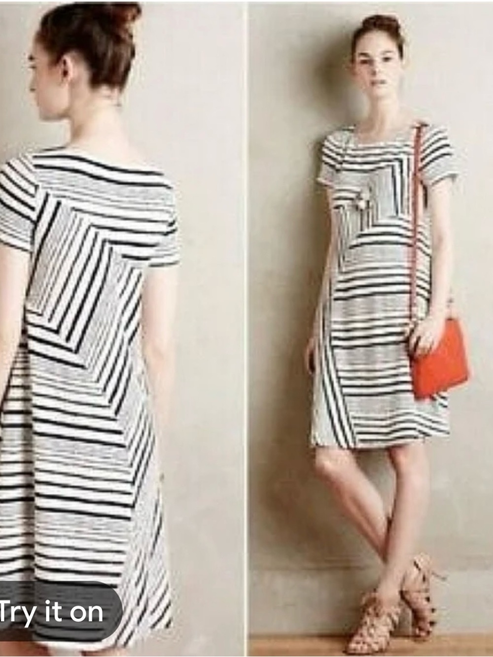 Maeve antropologie Striped Short Sleeve A-Line Dress - White & Black 1049